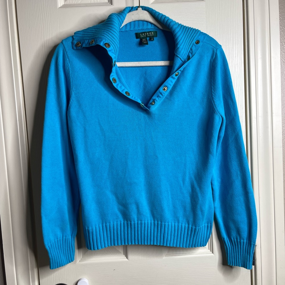 Lauren Ralph Lauren Women Pullover Button Turtleneck Sweater Blue Size Medium